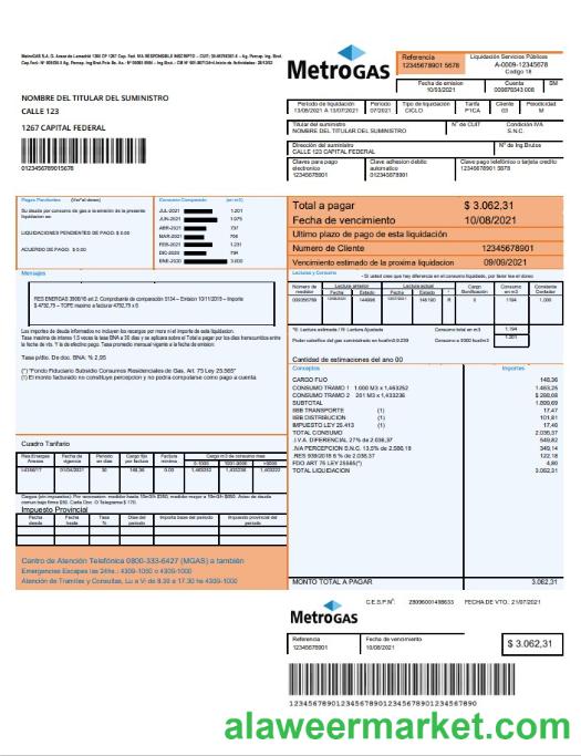 Argentina Metrogas easy to fill utility bill template in Word and PDF format